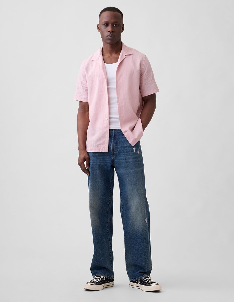 Camisa casual de lino manga corta para hombre