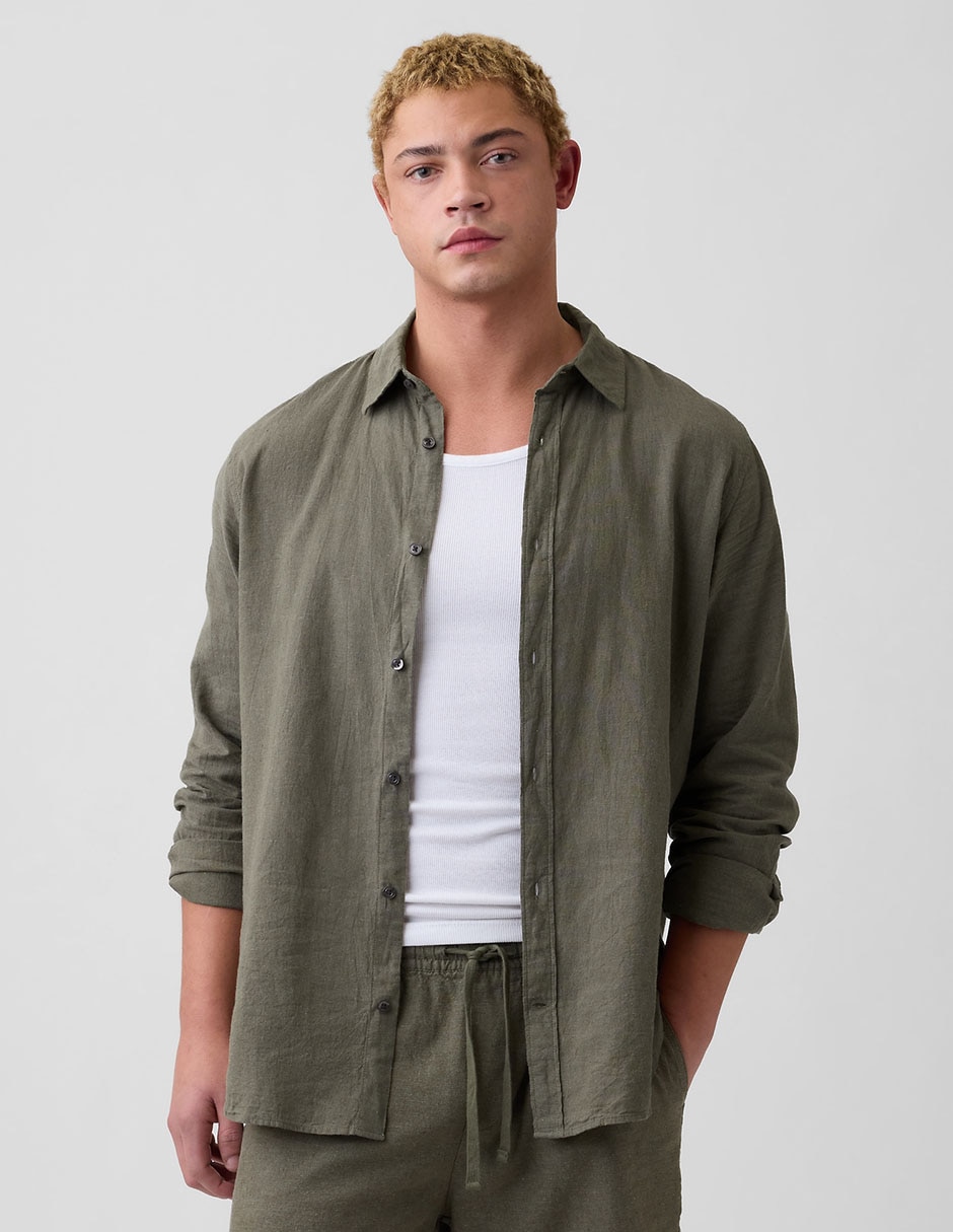 Camisa casual de lino manga larga para hombre Camisa casual de lino manga larga para hombre