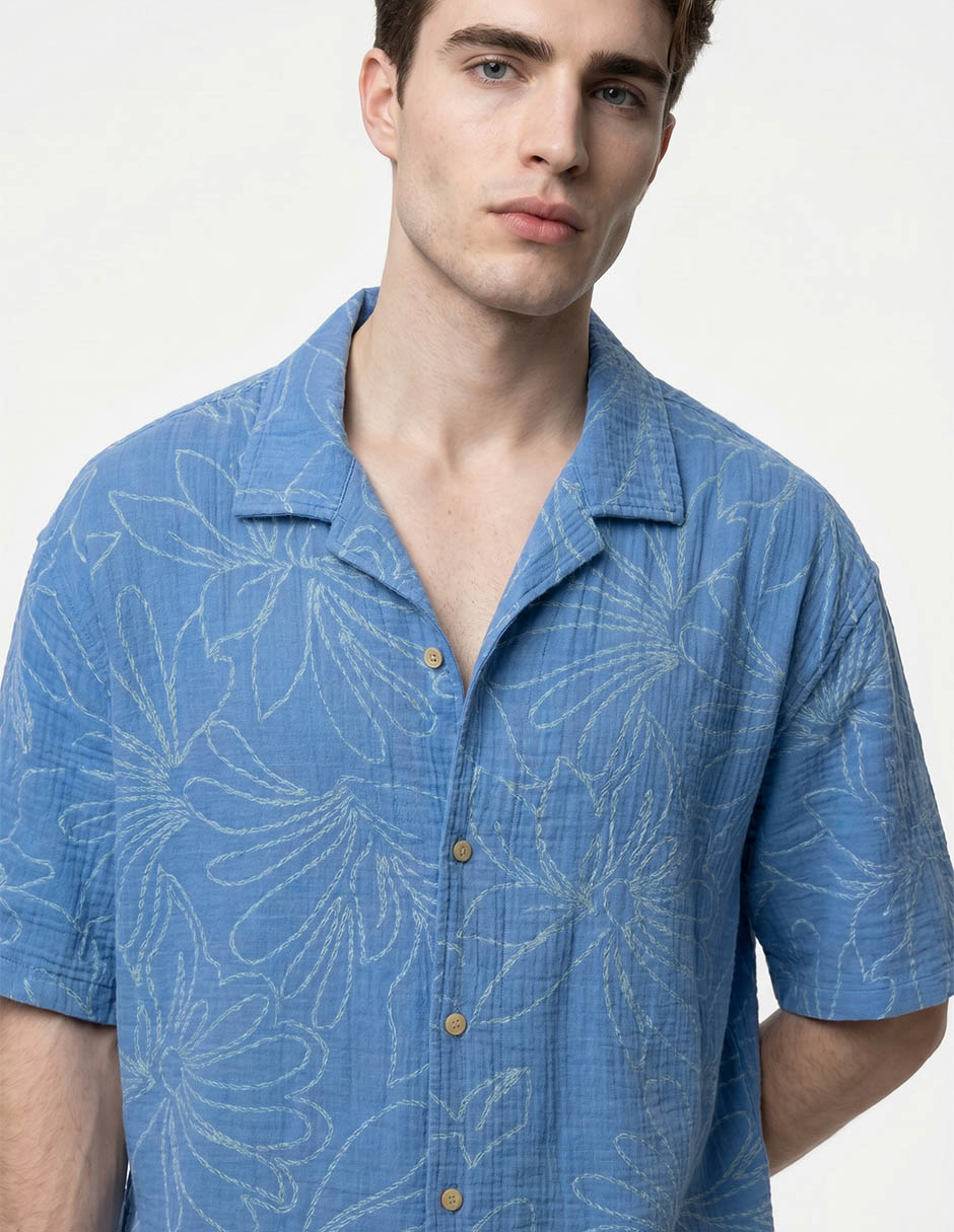 Camisa para playa de algodón manga corta para hombre